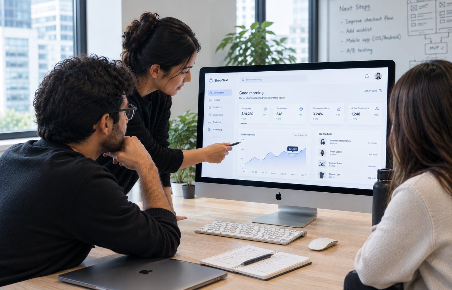 Three people at a desk reviewing an online store dashboard on a large monitor, one pointing at a sales chart